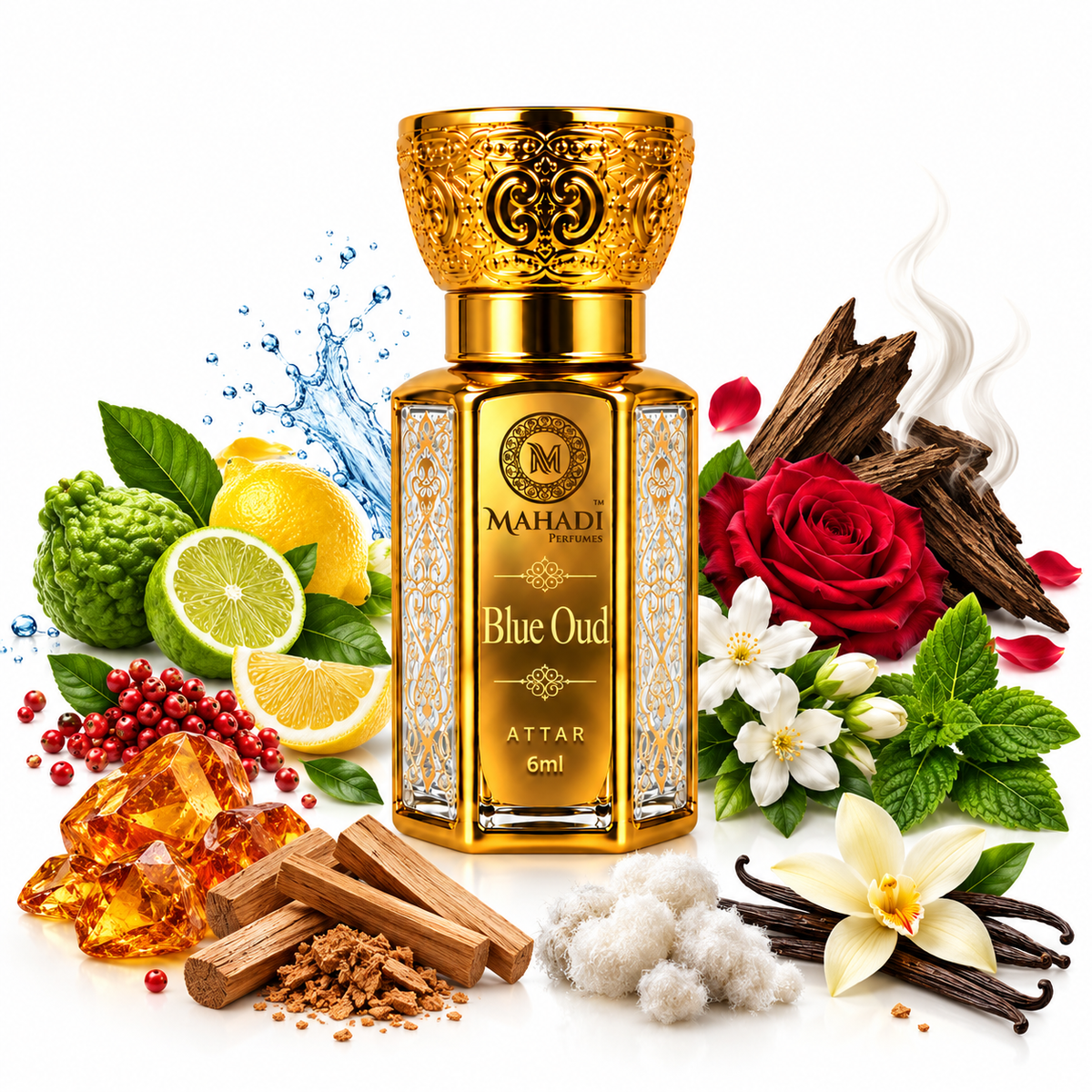 Blue Oud Arabic & French Blend | Non-Alcoholic Roll-on Fragrance Floral Attar (Agarwood, Rose, Sandalwood, Musk, Citrus)