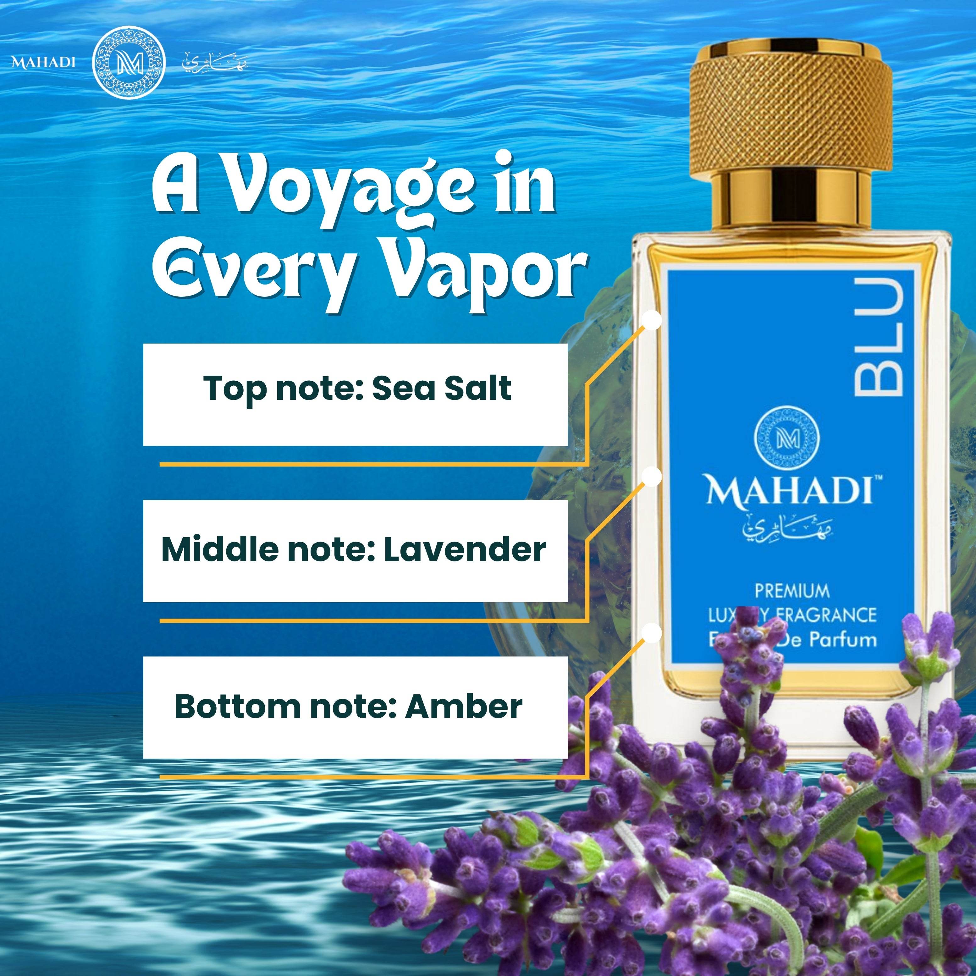 Blu | Eau de Parfum | Concentration for lasting performance | Perfect for daytime and casual wear | Affordable luxury with quality ingredients | Variants Available : 35ml Spray - Mahadi Perfumes