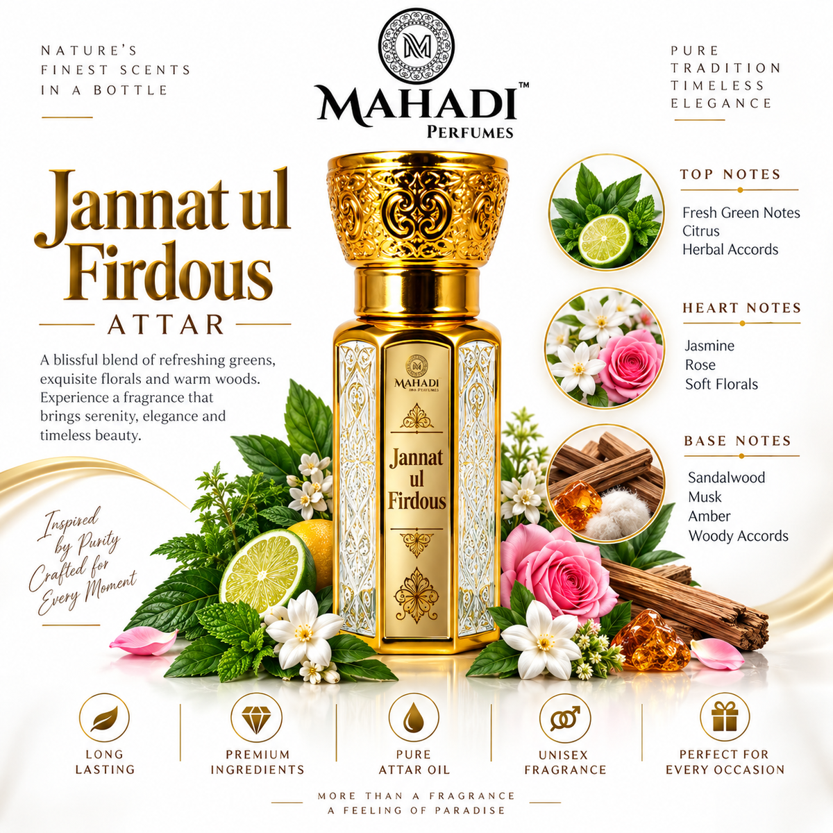 Jannat ul Firdous Attar | Long Lasting Green Floral Woody Musk Perfume Oil | Unisex