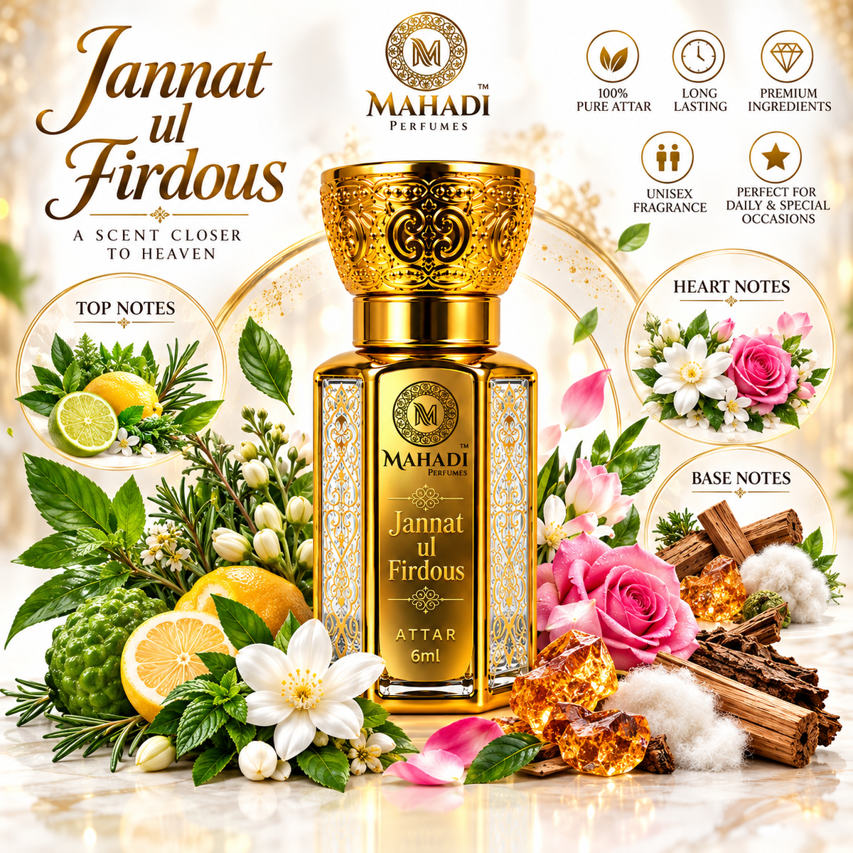 Jannat ul Firdous Attar | Long Lasting Green Floral Woody Musk Perfume Oil | Unisex