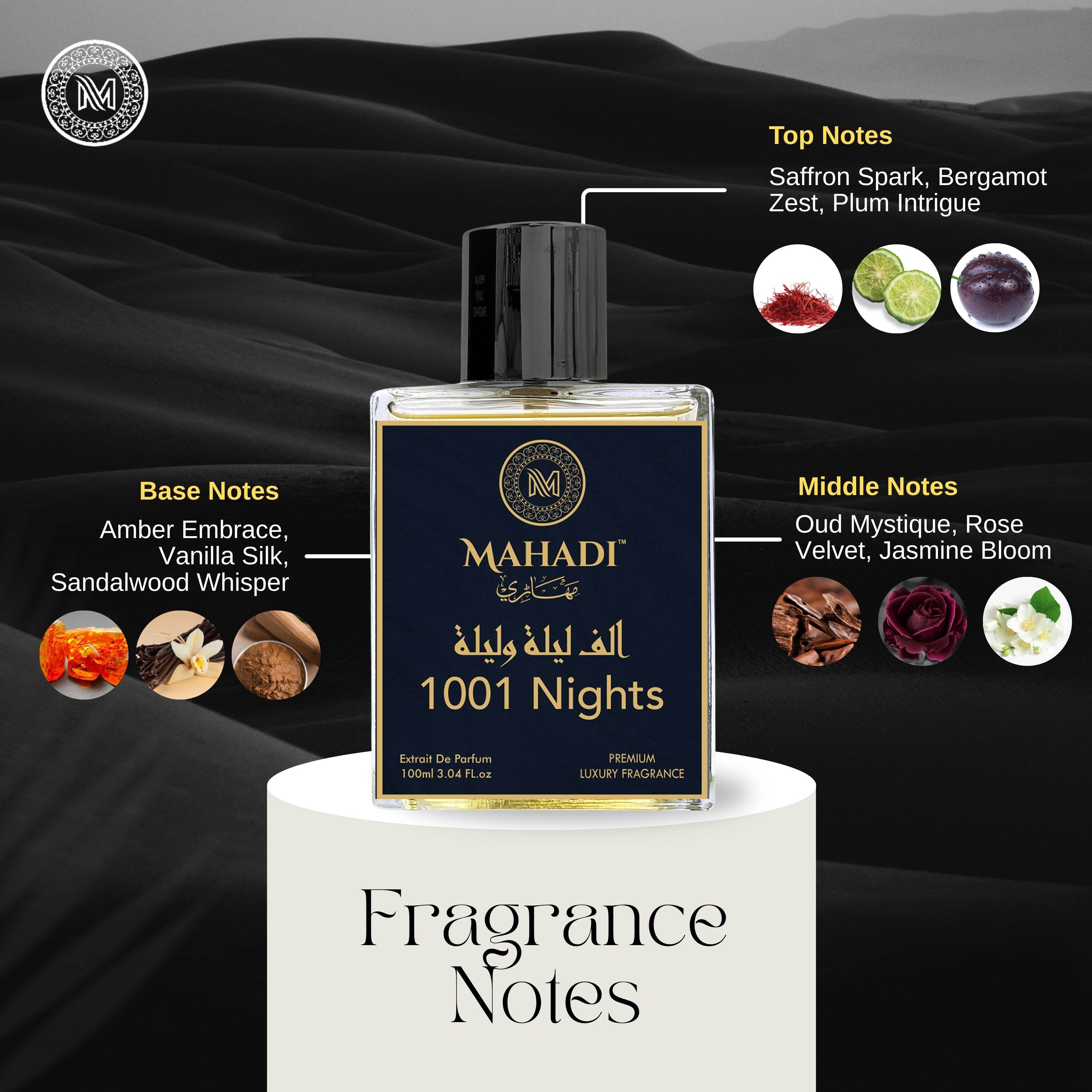 1001 Nights Perfume For Unisex | Long Lasting Eau De Parfum for Man and Woman | with Bergamot Mandarin, Peach, Musk & Vanilla | Variants Available: 35ml / 100 ml - Mahadi Perfumes