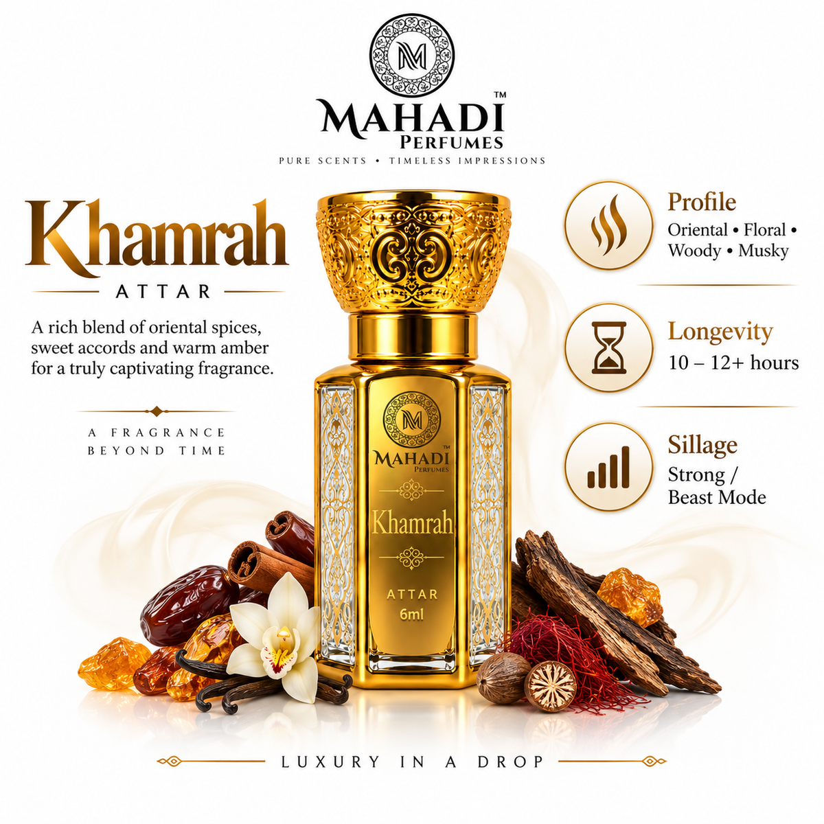 Khamrah Attar | Long Lasting Sweet Amber Spicy Perfume Oil for Men & Women
