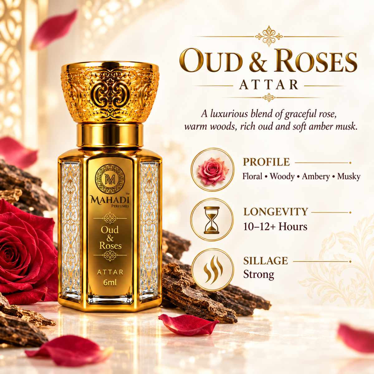 Oud & Roses Attar | Long-Lasting Unisex Fragrance