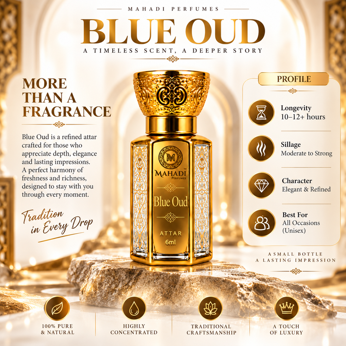 Blue Oud Arabic & French Blend | Non-Alcoholic Roll-on Fragrance Floral Attar (Agarwood, Rose, Sandalwood, Musk, Citrus)