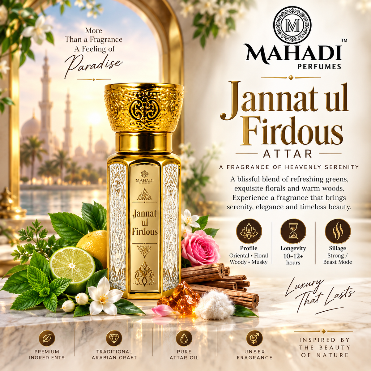 Jannat ul Firdous Attar | Long Lasting Green Floral Woody Musk Perfume Oil | Unisex