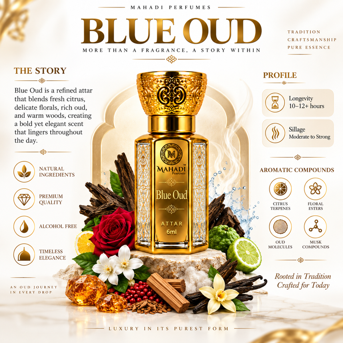 Blue Oud Arabic & French Blend | Non-Alcoholic Roll-on Fragrance Floral Attar (Agarwood, Rose, Sandalwood, Musk, Citrus)