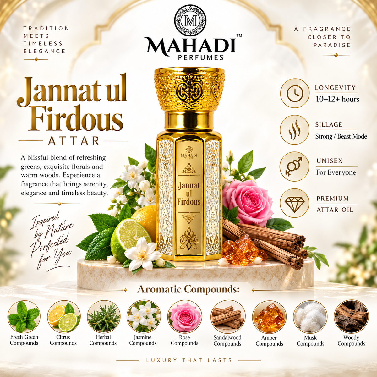 Jannat ul Firdous Attar | Long Lasting Green Floral Woody Musk Perfume Oil | Unisex