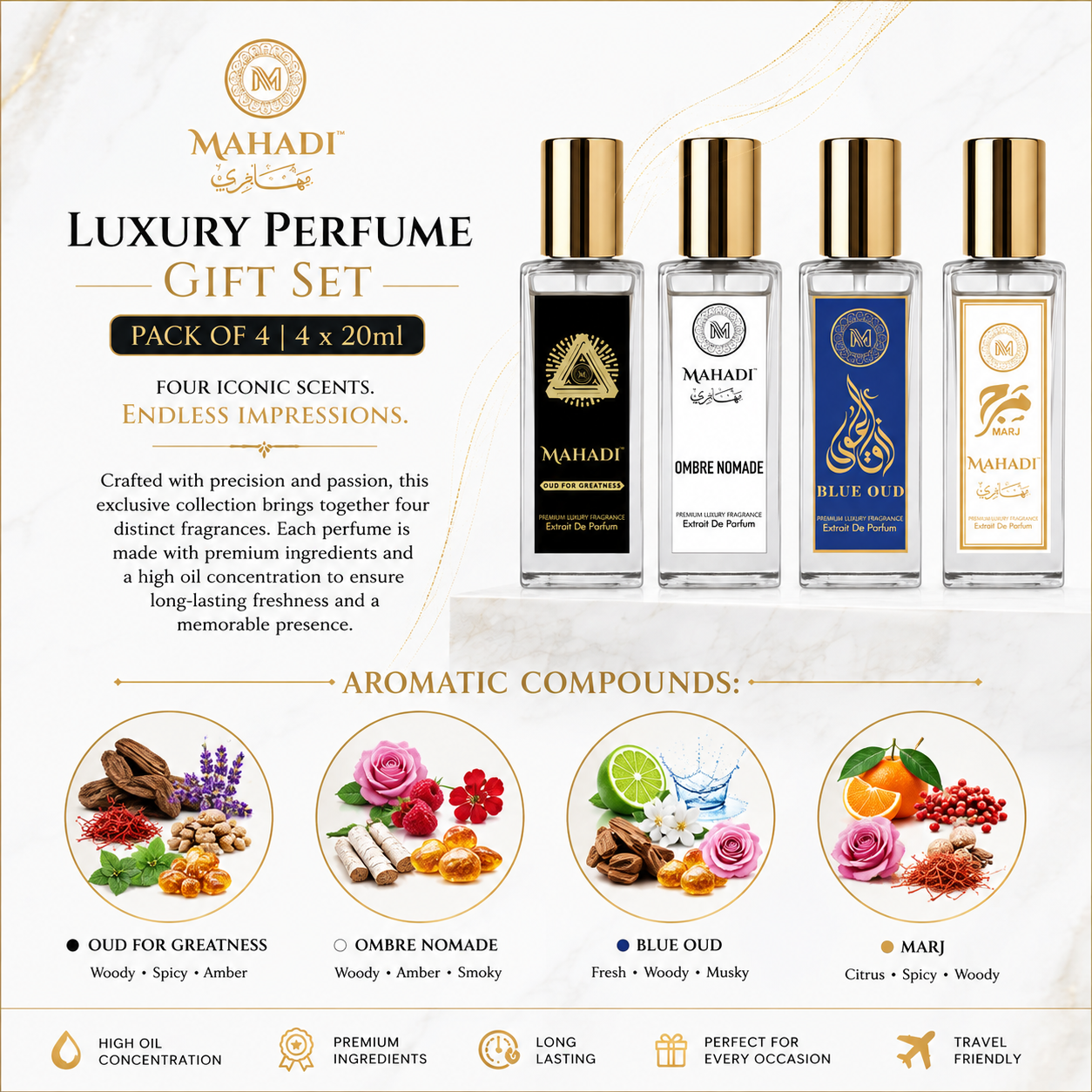 Luxury Perfume Gift Set | Pack Of 4 |Oud For Greatness|Ombre Nomade|Blue Oud| Marj - 4 x 20ml