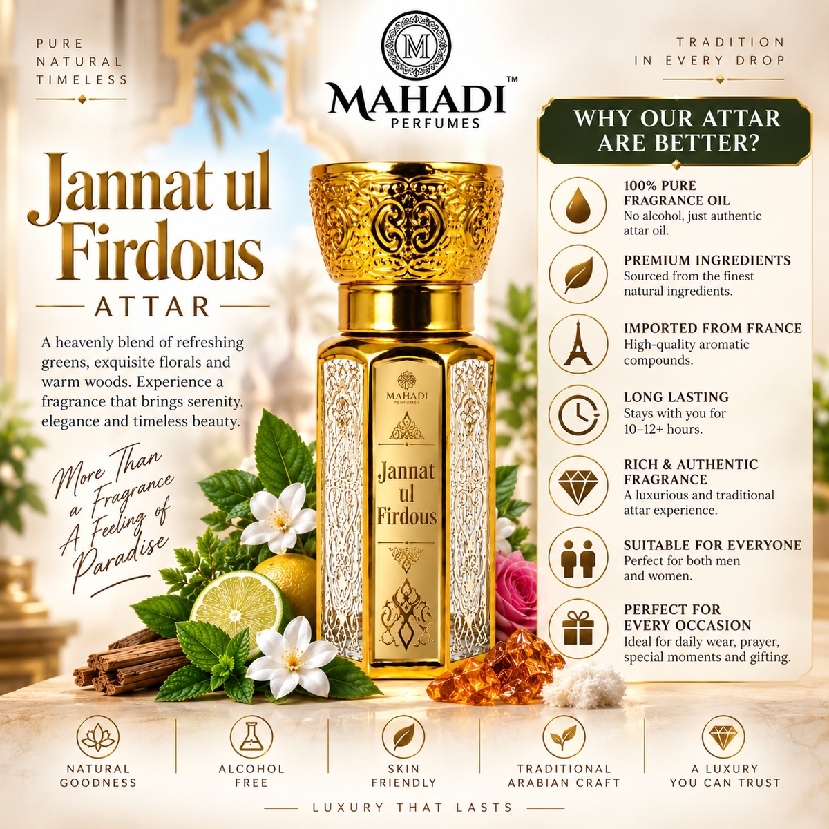 Jannat ul Firdous Attar | Long Lasting Green Floral Woody Musk Perfume Oil | Unisex