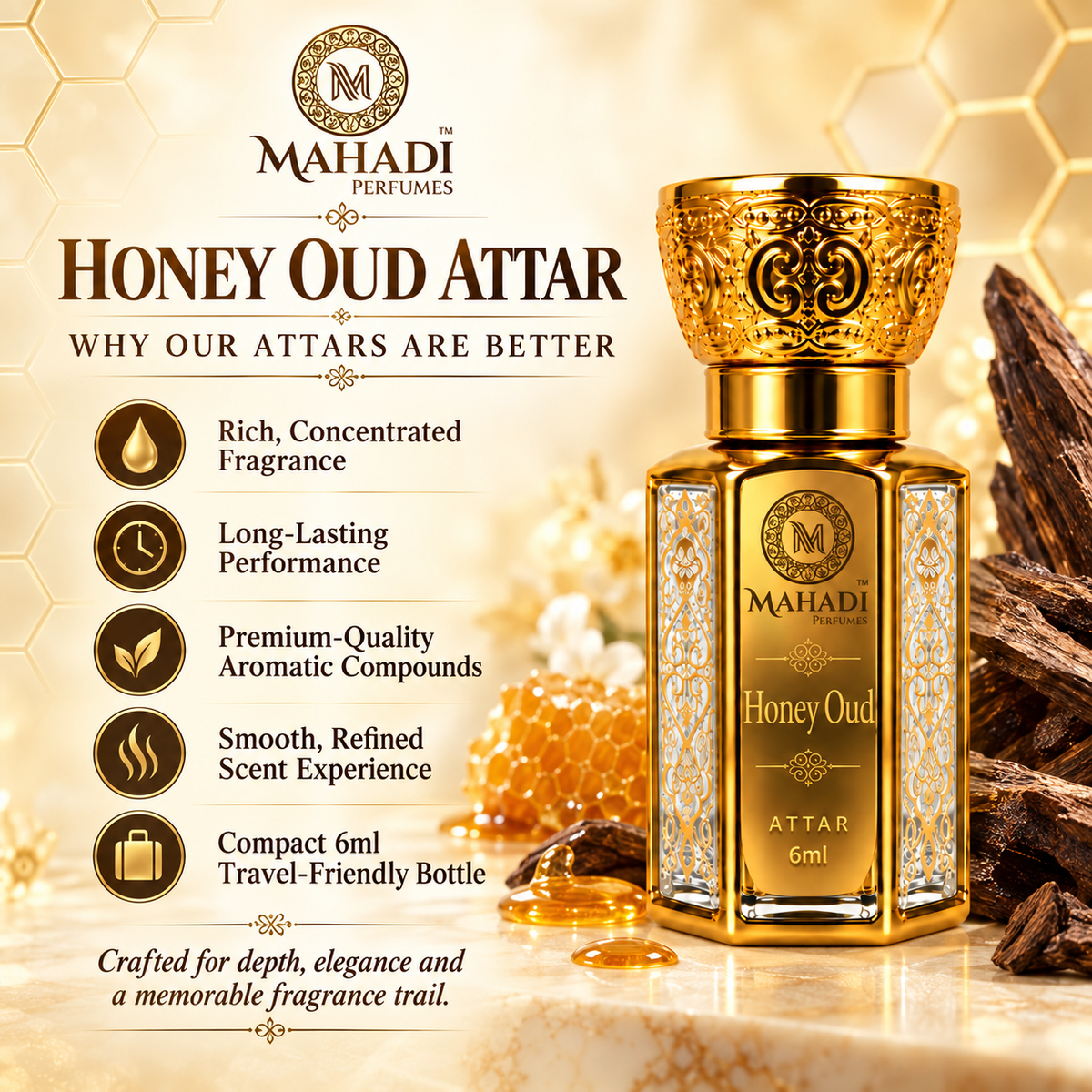Honey Oud Attar for Men & Women | Long-Lasting Perfume Oil – 6ml