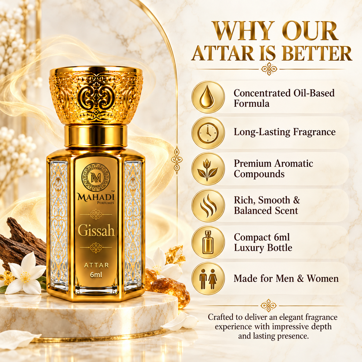 Gissah Attar 6ml | Long-Lasting Oriental Floral Woody Fragrance