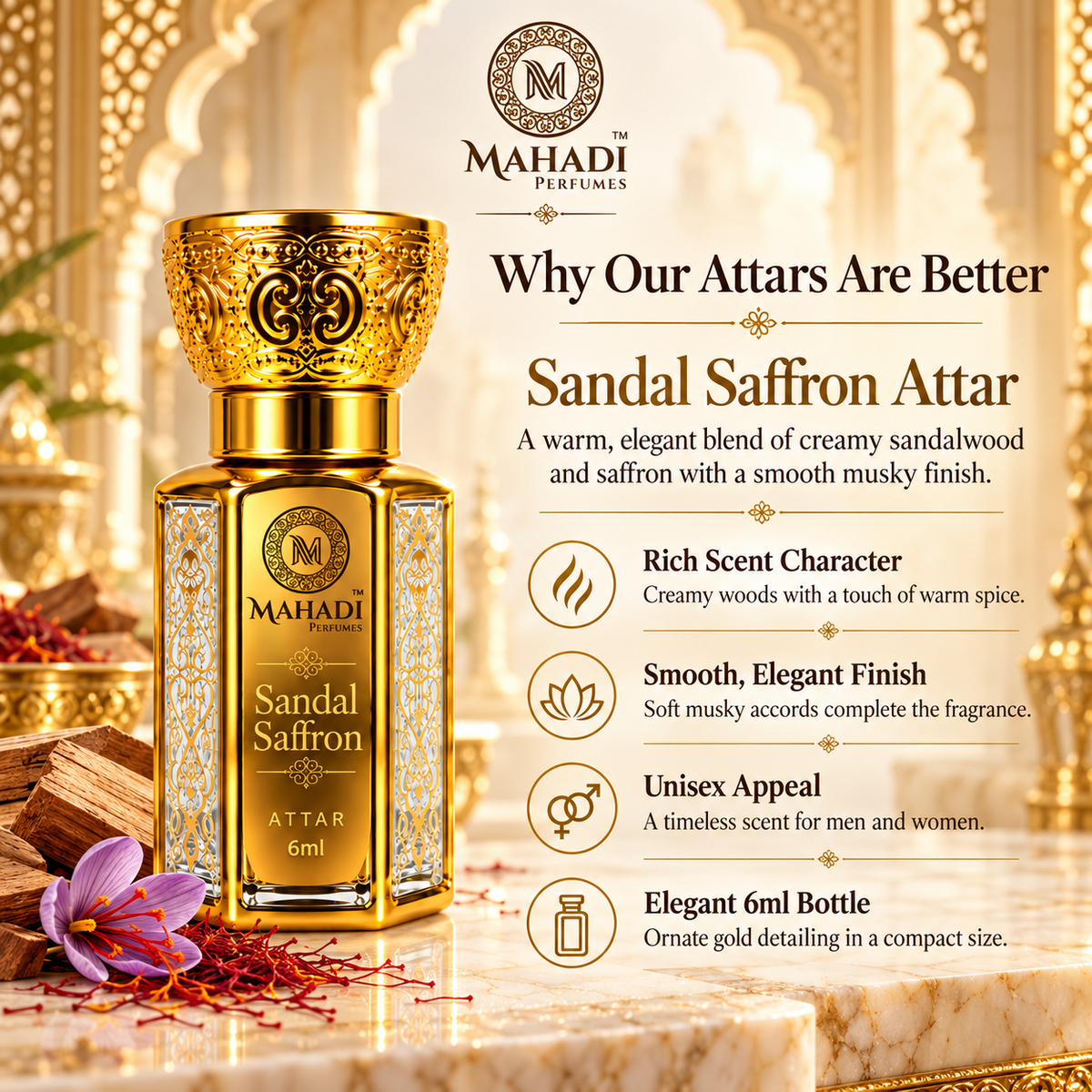 Sandal Saffron Attar 6ml | Woody & Spicy Unisex Fragrance