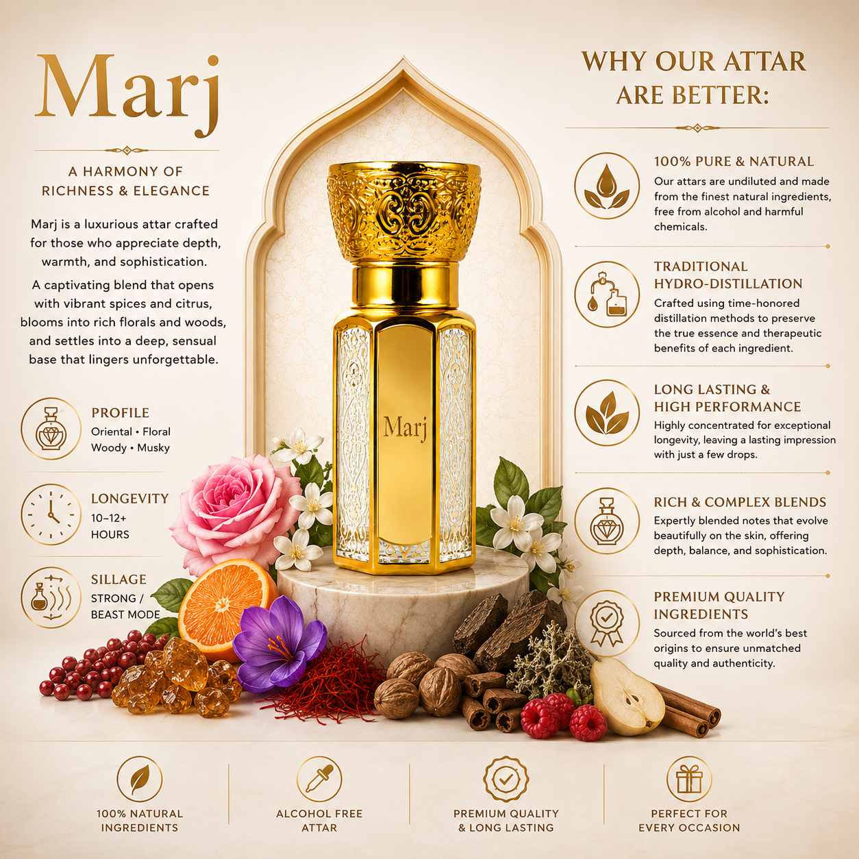 Marj Attar – Luxury Oud, Floral & Woody Long Lasting Unisex attar Oil