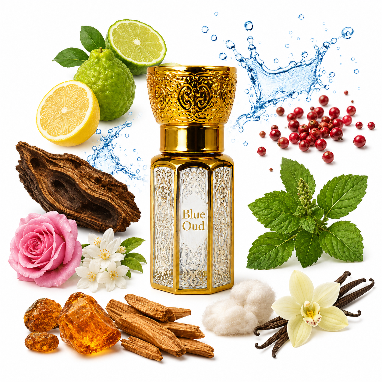 Blue Oud Arabic & French Blend | Non-Alcoholic Roll-on Fragrance Floral Attar (Agarwood, Rose, Sandalwood, Musk, Citrus)
