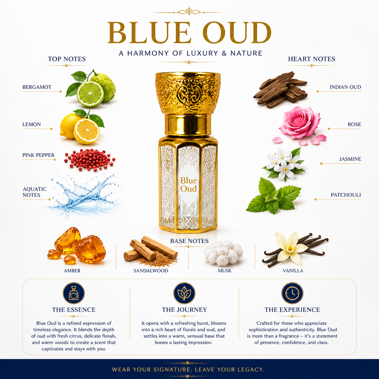 Blue Oud Arabic & French Blend | Non-Alcoholic Roll-on Fragrance Floral Attar (Agarwood, Rose, Sandalwood, Musk, Citrus)