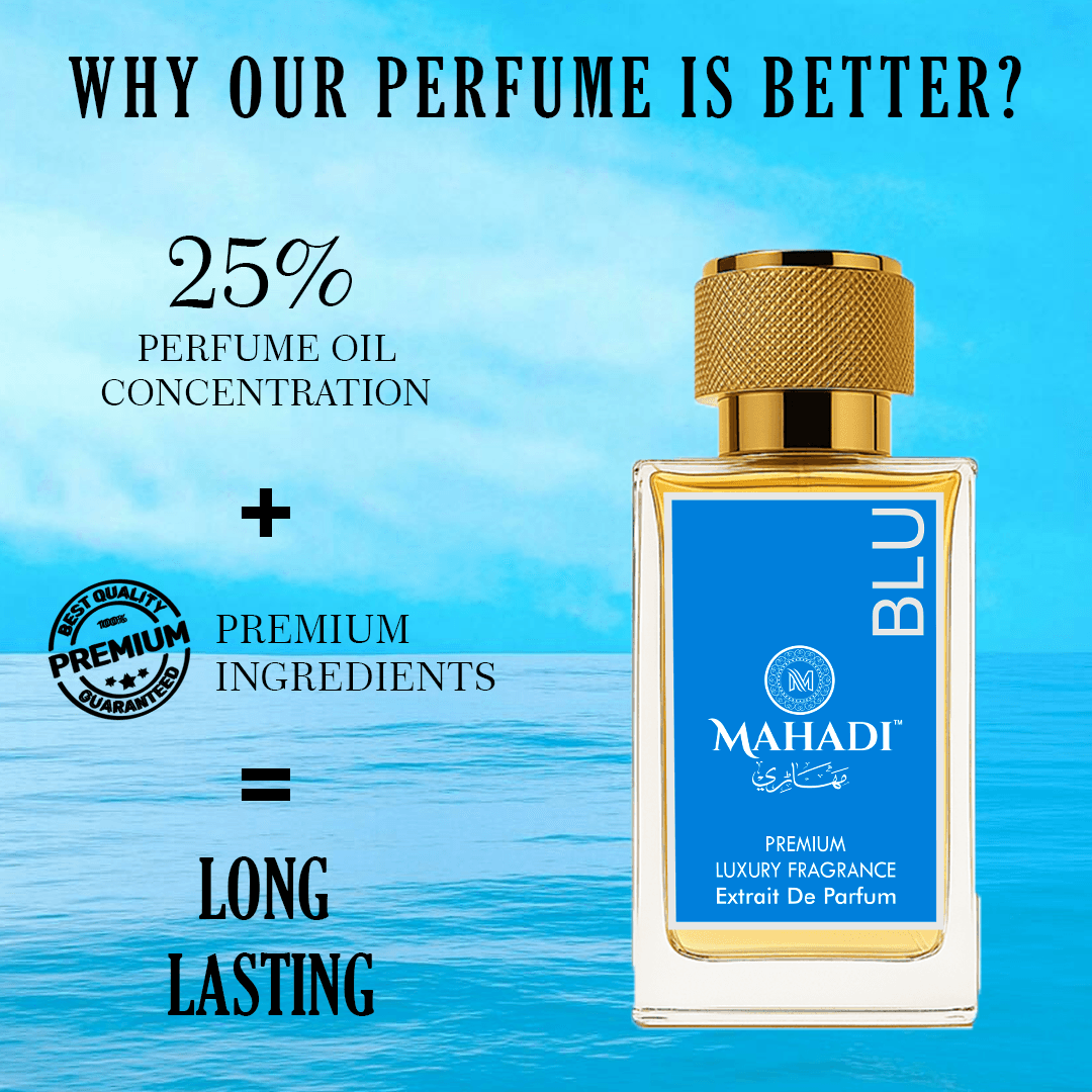 Blu | Eau de Parfum | Concentration for lasting performance | Perfect for daytime and casual wear | Affordable luxury with quality ingredients | Variants Available : 35ml Spray - Mahadi Perfumes