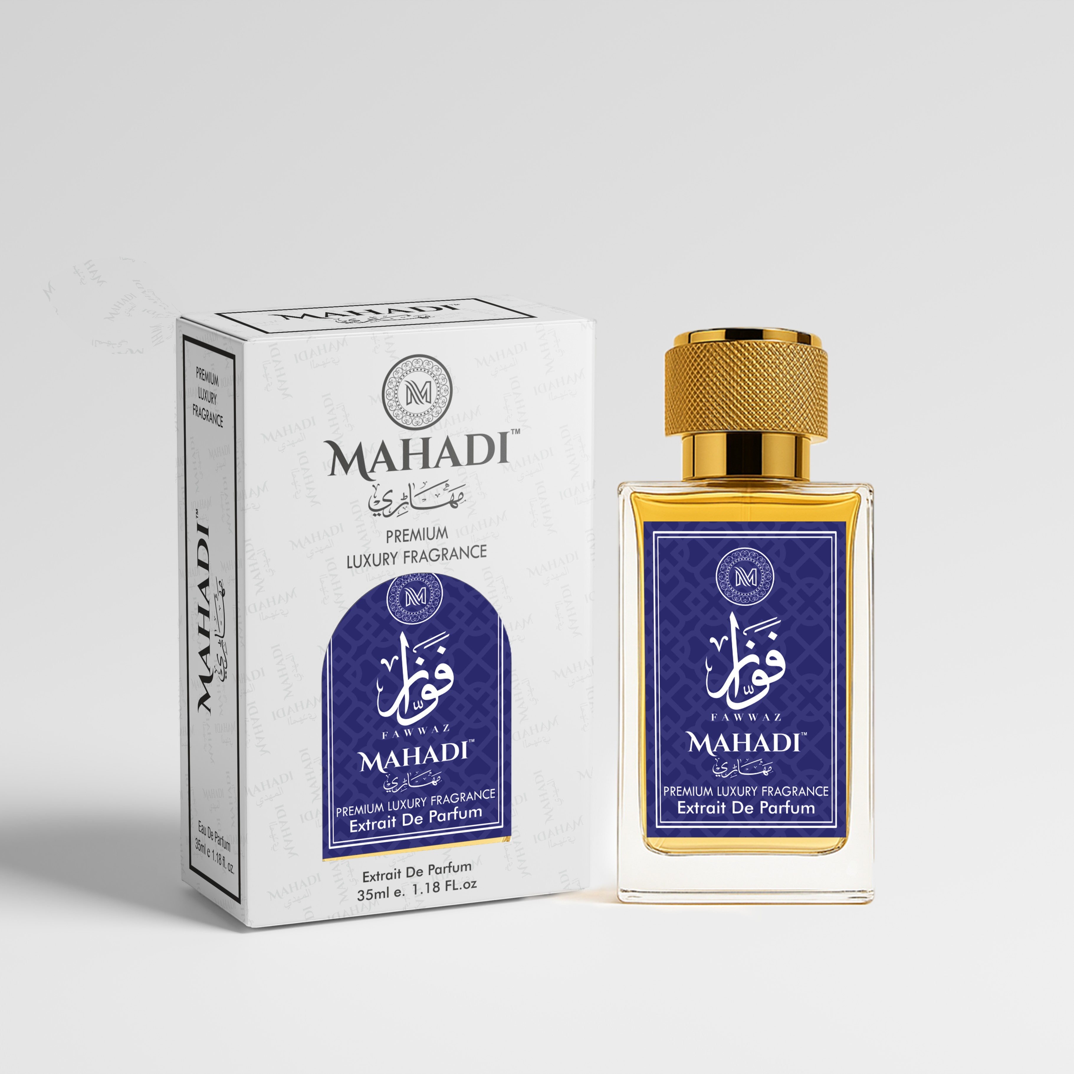 Mahadi Perfumes Fawwaz Eau de Parfum 35ml bottle with gold cap and blue label, featuring warm amber and woody notes.