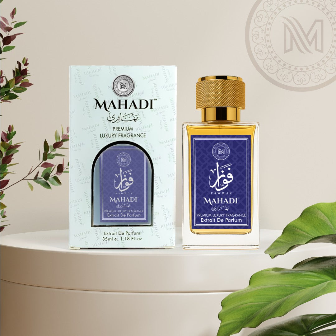 Mahadi Perfumes Fawwaz Eau de Parfum for men and women, amber liquid in a clear glass bottle with gold cap and blue label.