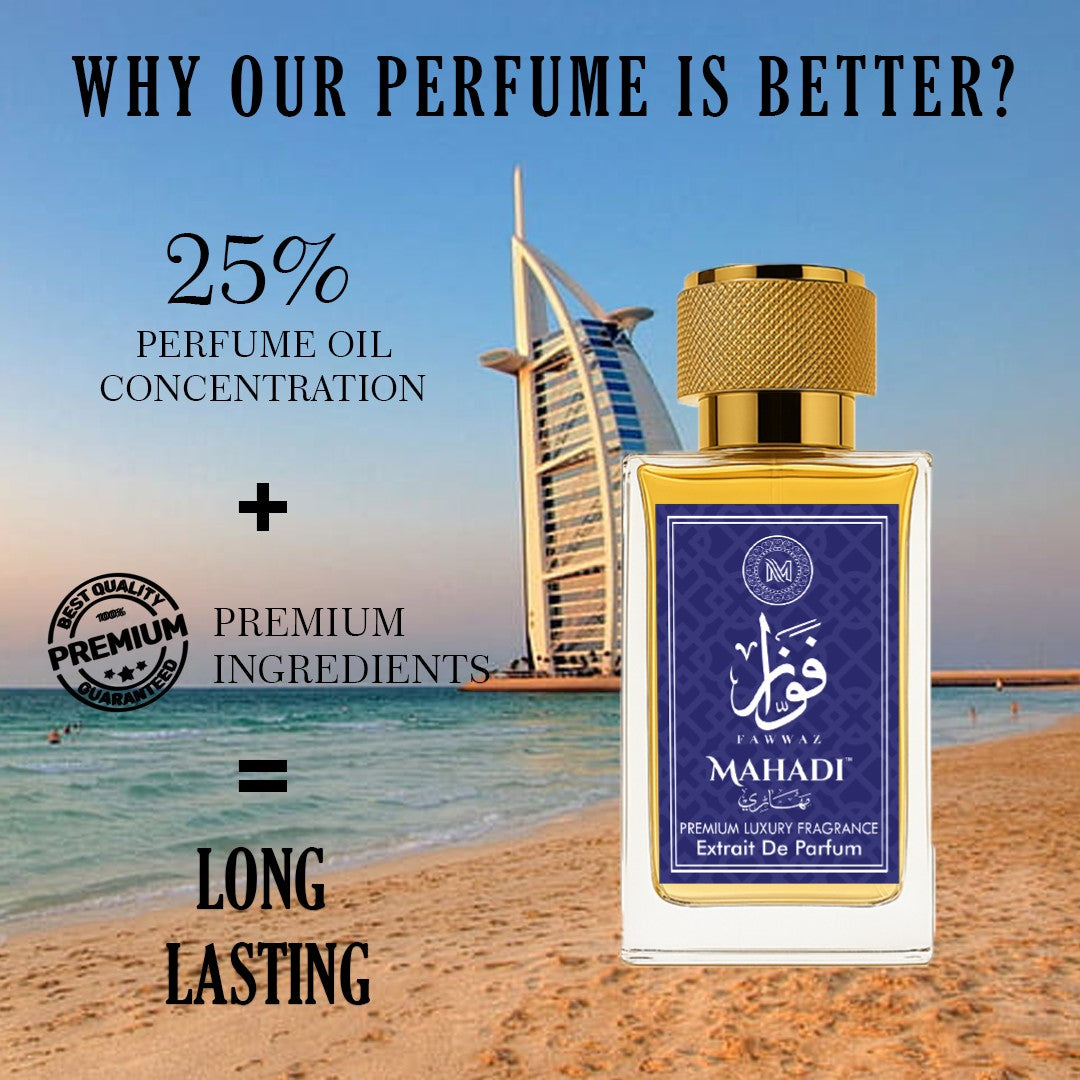 Mahadi Perfumes Fawwaz Eau de Parfum bottle with gold cap on a beach with Burj Al Arab hotel in background.