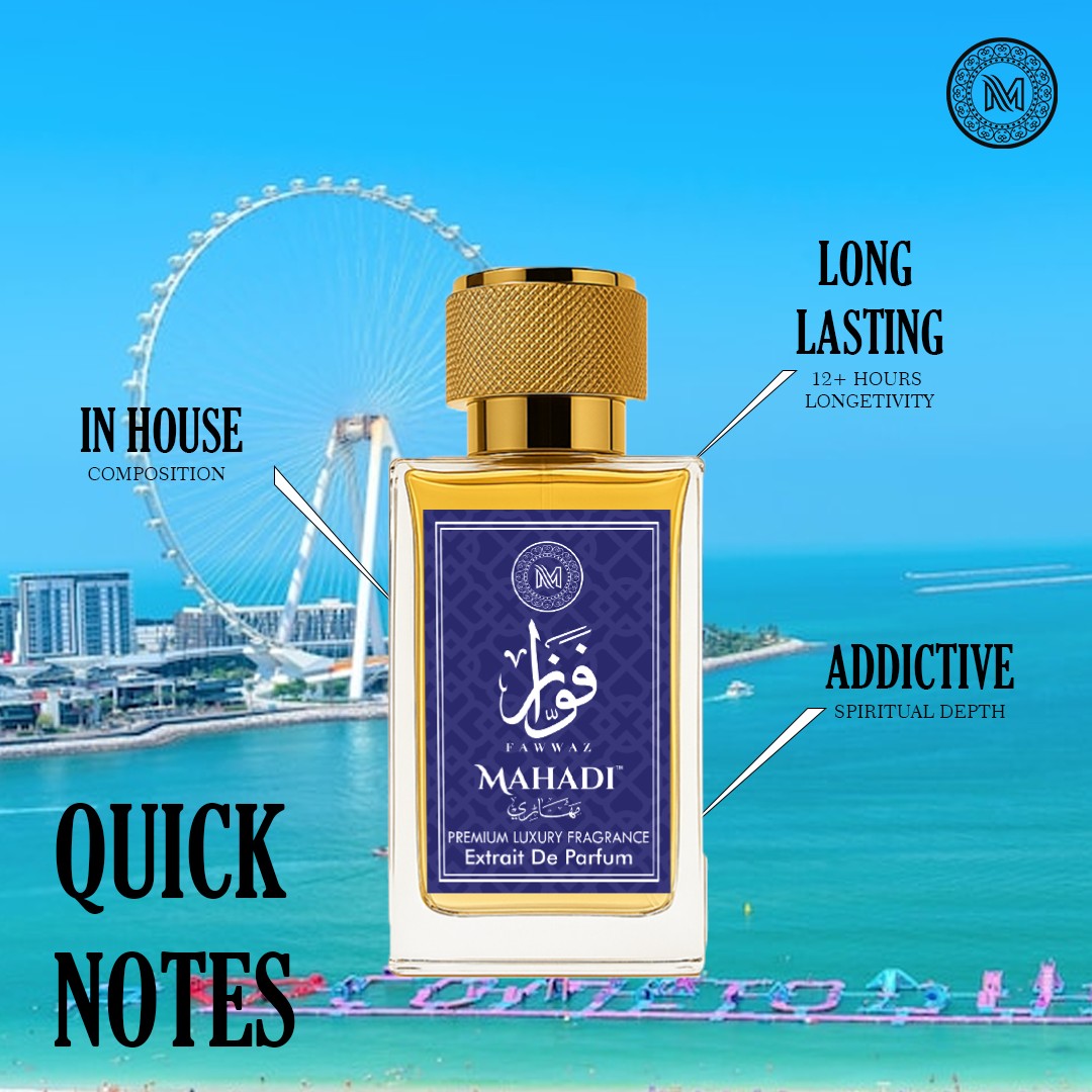 Mahadi Perfumes Fawwaz Eau de Parfum bottle with gold cap, featuring a blue label with Arabic script. Long-lasting, addictive, premium luxury fragrance.