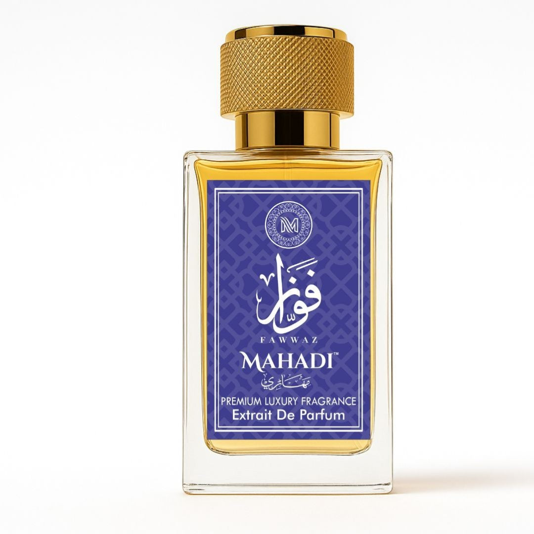 Mahadi Perfumes Fawwaz Extrait De Parfum, a unisex fragrance with amber, sandalwood, and vanilla notes in a clear glass bottle with a gold cap.