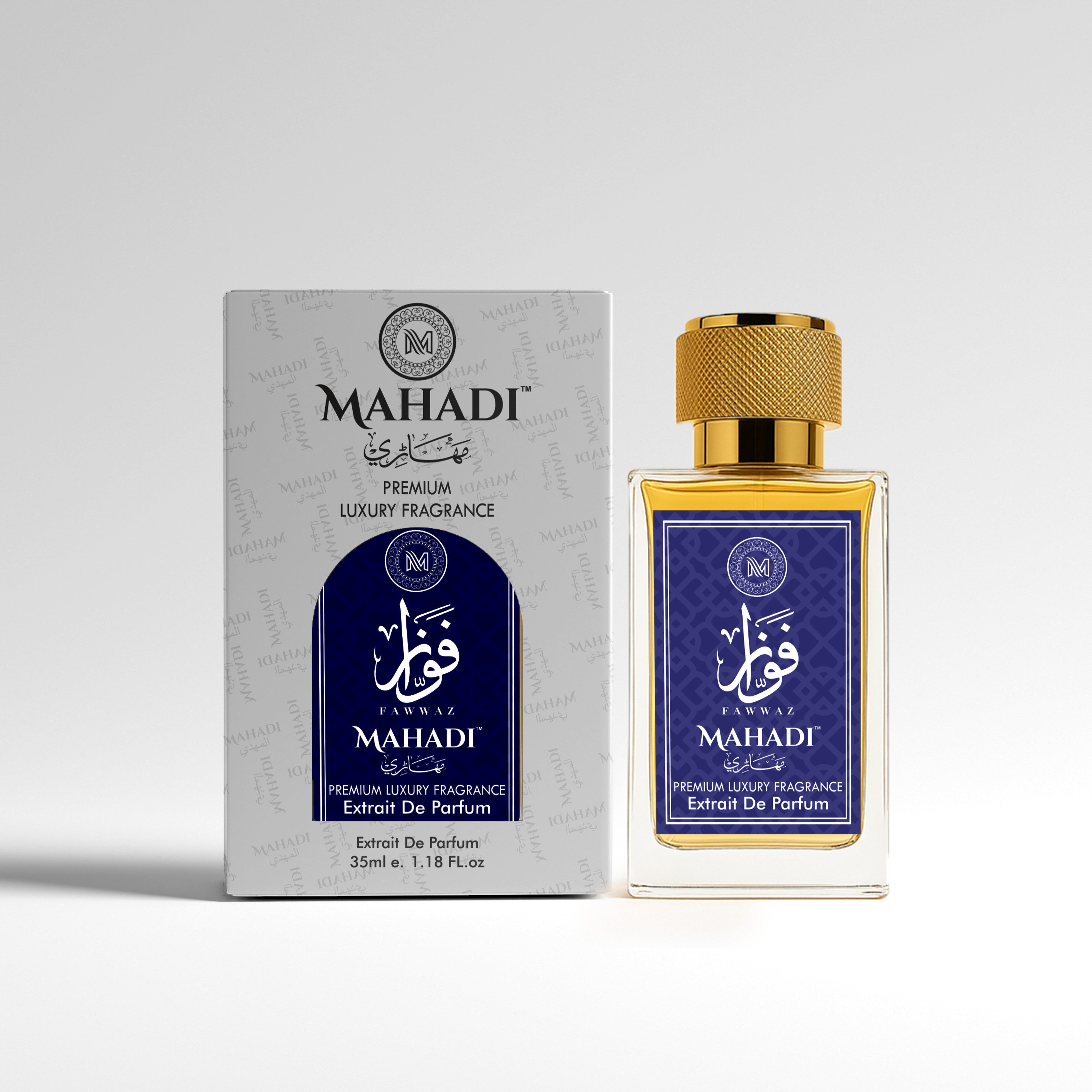 Mahadi Perfumes Fawwaz Eau de Parfum for unisex, featuring a gold cap and a clear bottle with a navy blue label. Notes include bergamot, jasmine, rose, amber, sandalwood, and oud.