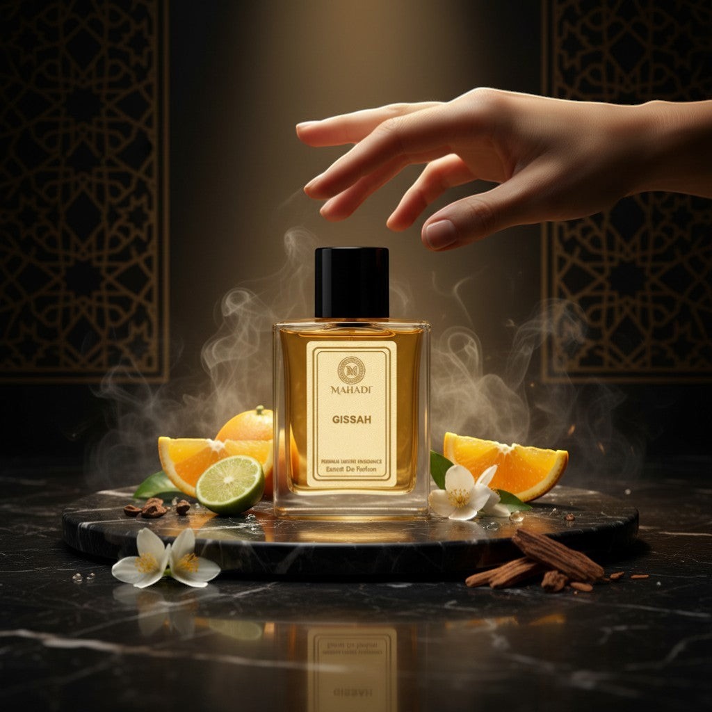 Mahadi Perfumes Gissah Extrait De Parfum, a luxurious amber-colored fragrance in a clear glass bottle with a black cap.