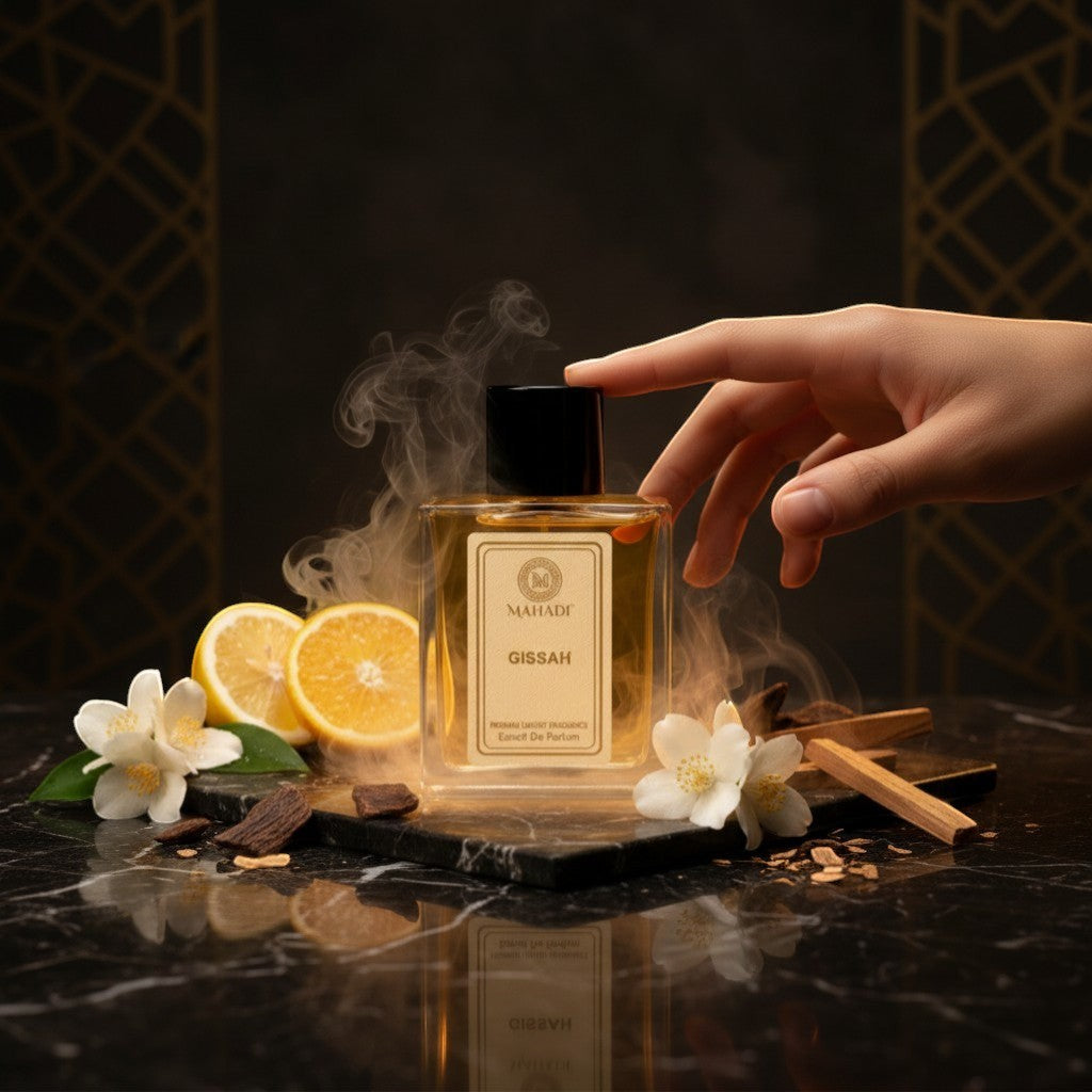 Mahadi Perfumes Gissah Extrait De Parfum, a luxurious amber-colored fragrance in a clear glass bottle with a black cap.