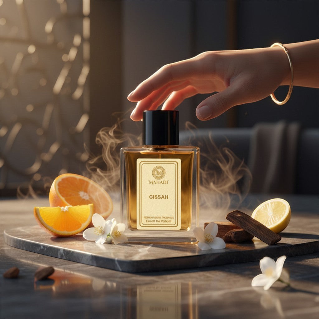 Mahadi Perfumes Gissah Extrait De Parfum, a premium luxury fragrance in a clear glass bottle with golden liquid and a black cap.