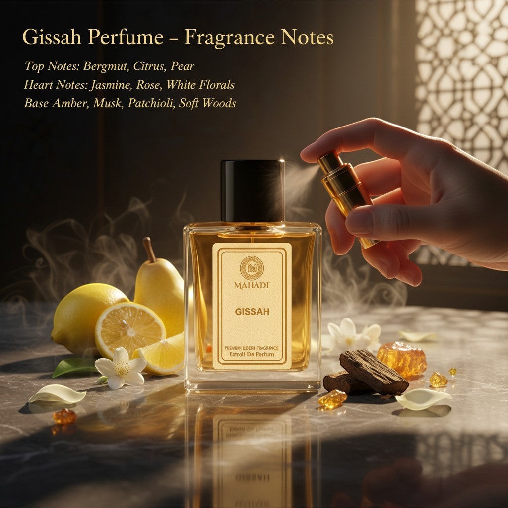 Mahadi Perfumes Gissah Extrait De Parfum, a luxurious amber-colored fragrance in a clear glass bottle with a black cap.