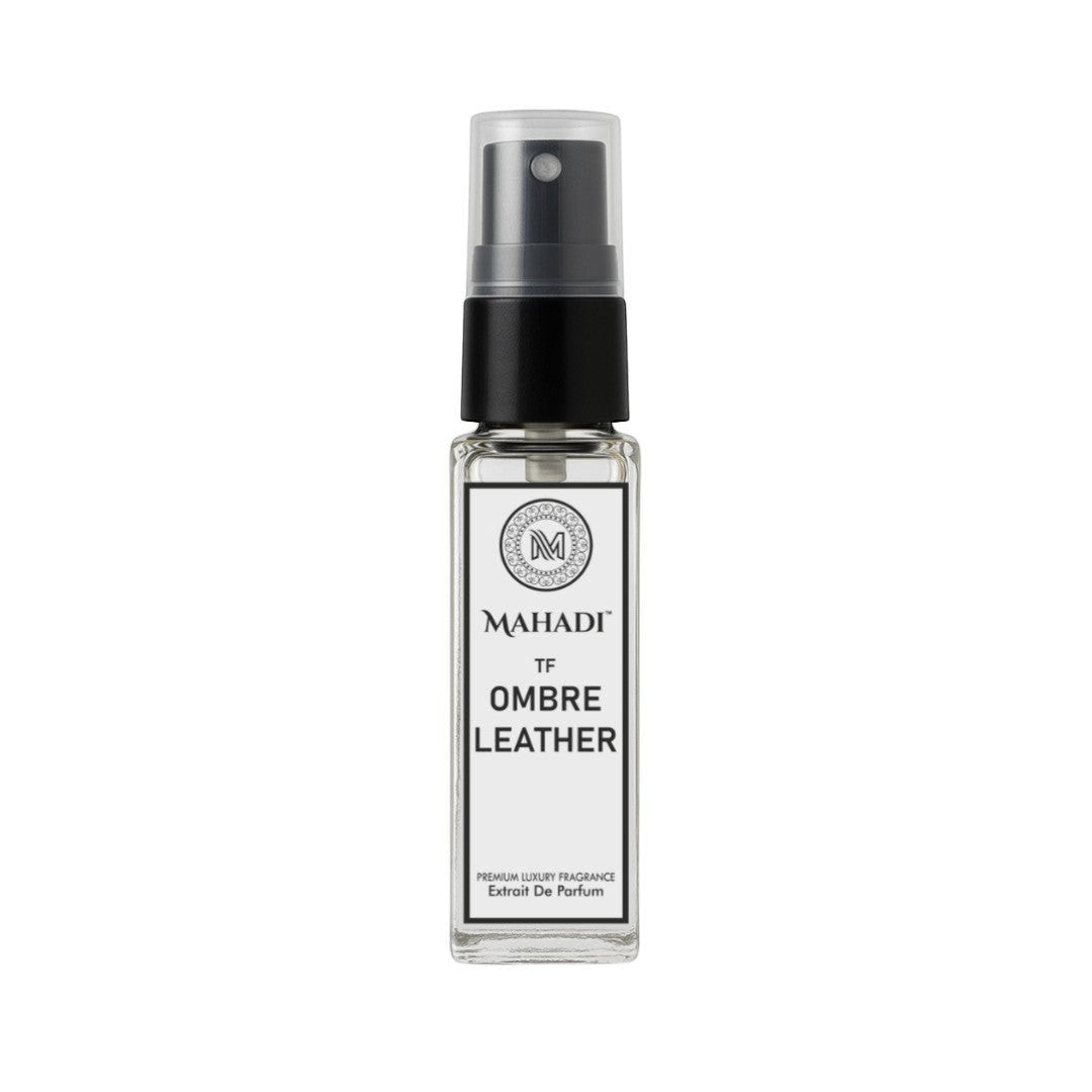 Mahadi Perfumes Ombré Leather unisex 8ml extrait de parfum spray with notes of cardamom, saffron, jasmine, leather, amber, moss, and patchouli.