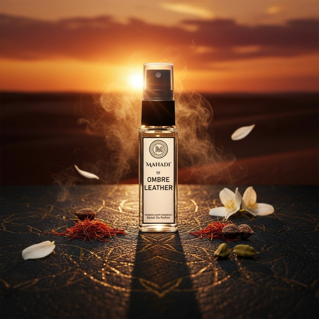 Mahadi Perfumes Ombré Leather unisex 8ml spray bottle. Sophisticated leather fragrance with notes of cardamom, saffron, jasmine, amber, moss, and patchouli.
