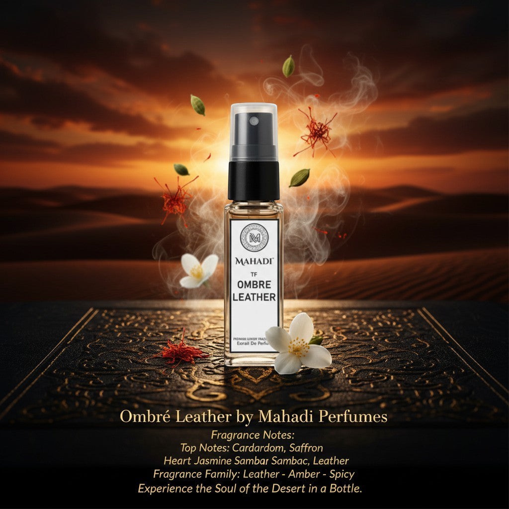Mahadi Perfumes Ombré Leather unisex 8ml spray bottle with black cap and clear label featuring the brand logo and fragrance name.