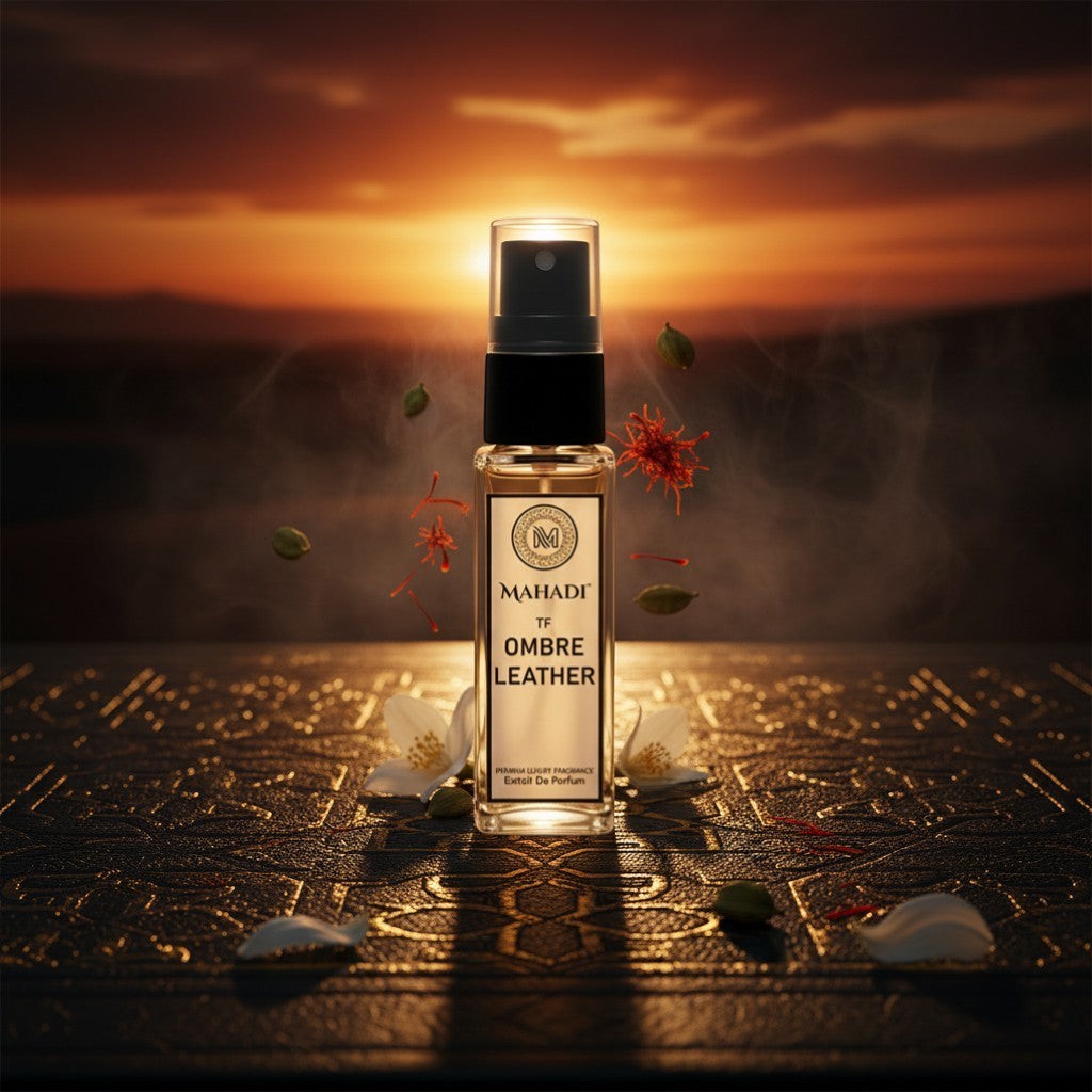 Mahadi Perfumes Ombré Leather unisex 8ml spray bottle. Sophisticated leather fragrance with notes of cardamom, saffron, jasmine, amber, moss, and patchouli.