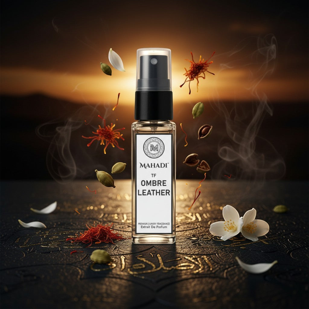 Mahadi Perfumes Ombré Leather unisex 8ml spray bottle, a sophisticated leather and floral fragrance.