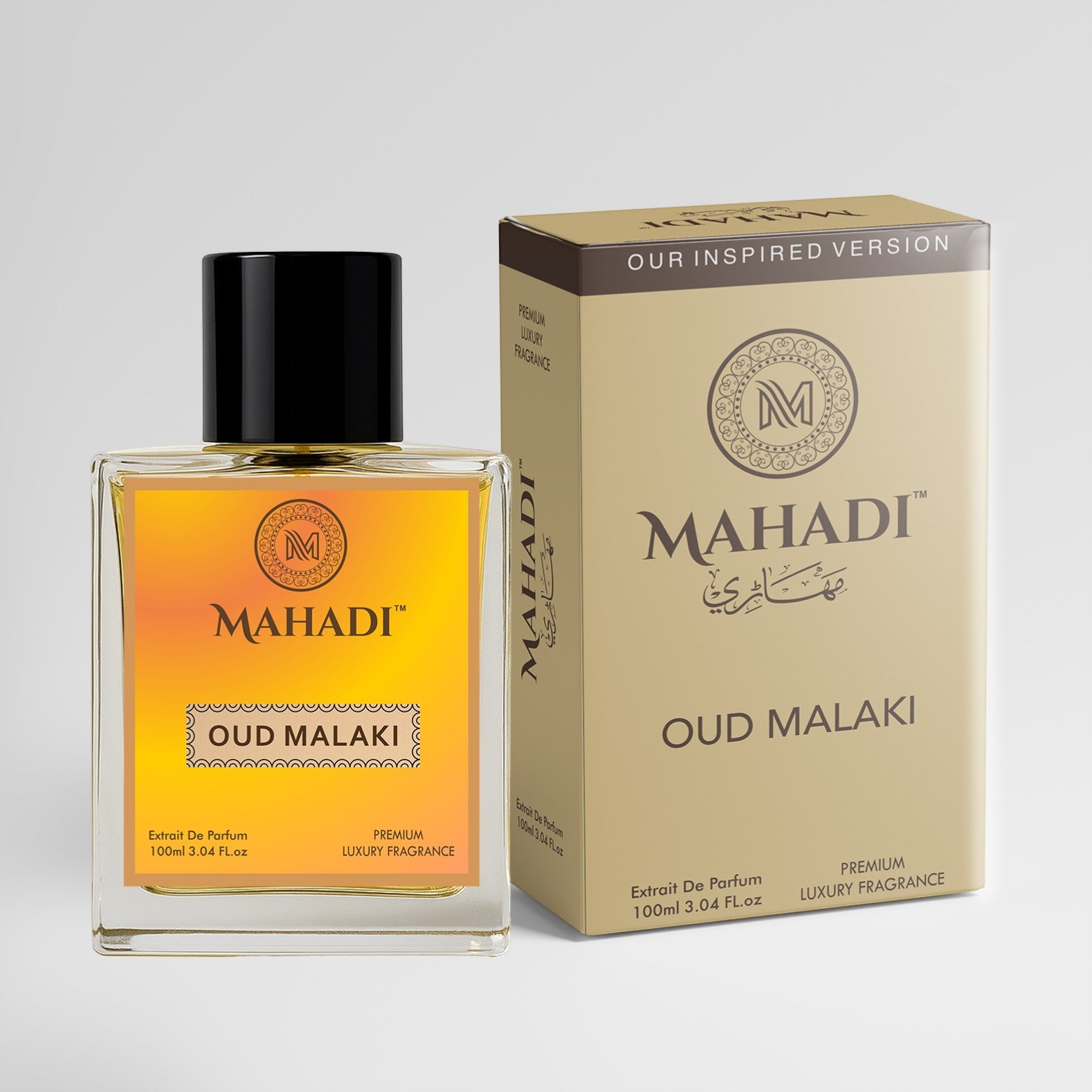 Mahadi Perfumes Oud Malaki Eau de Parfum 100ml bottle with warm gradient label and matching box. Notes of oud, tobacco, grapefruit, lavender.