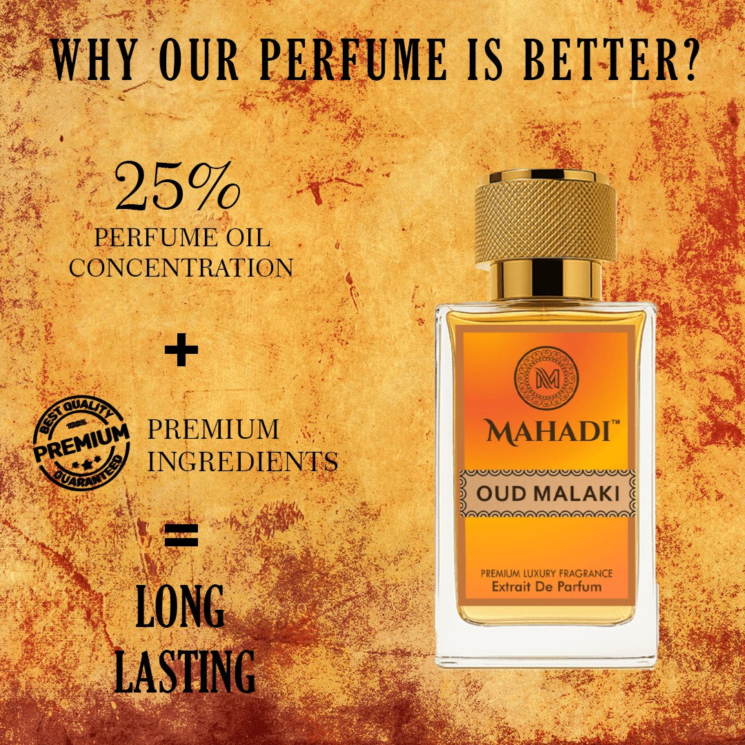 Mahadi Perfumes Oud Malaki Extrait De Parfum bottle with gold cap, featuring a warm orange label with "Oud Malaki" text.