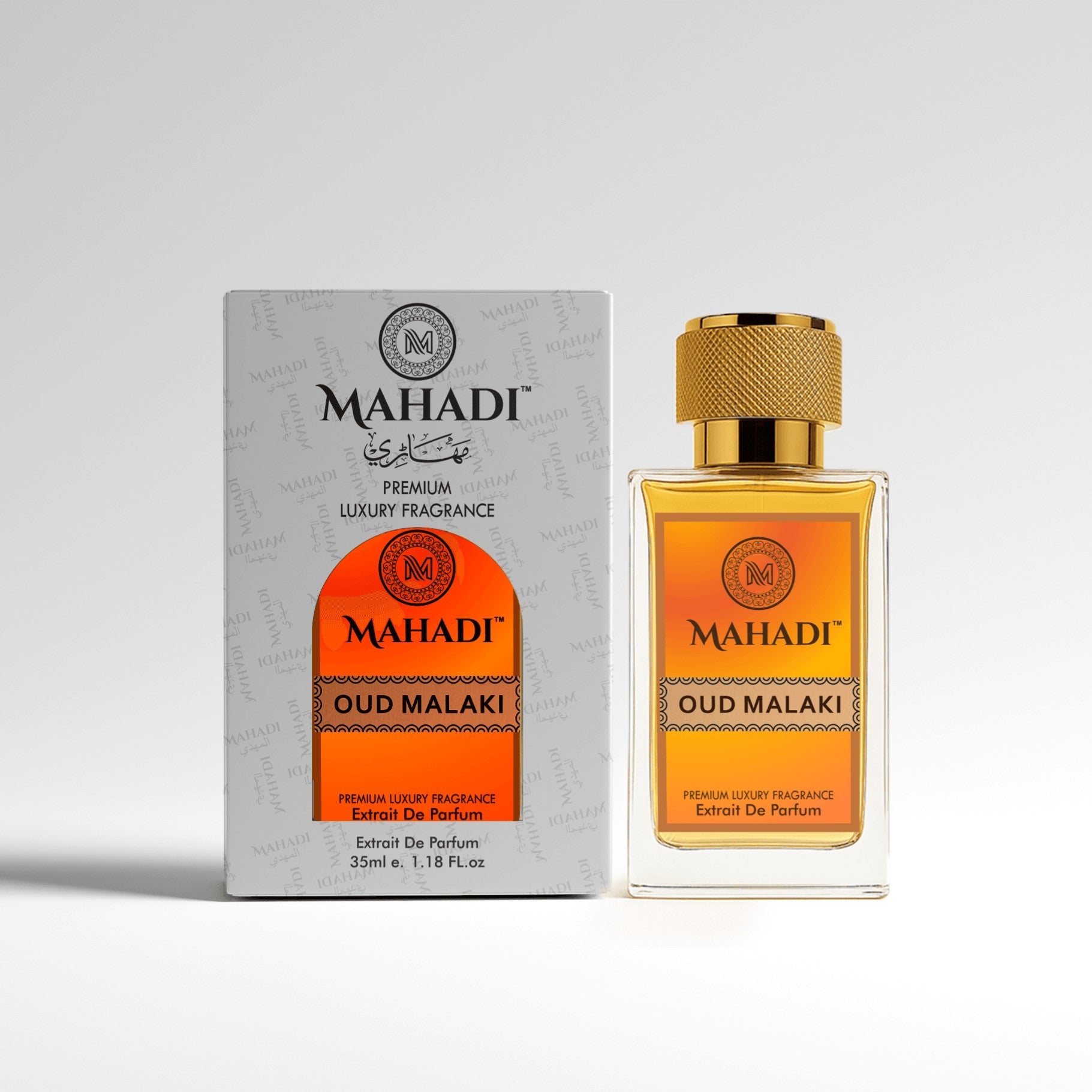 Mahadi Perfumes Oud Malaki Extrait De Parfum, a luxurious amber fragrance with a golden cap and ornate label.