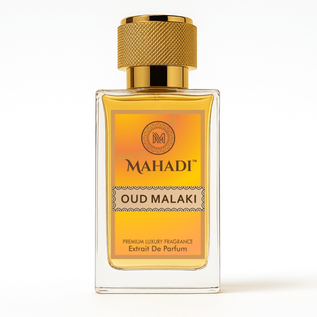 Mahadi Perfumes Oud Malaki Extrait De Parfum, a luxurious oriental fragrance with oud, tobacco, and spicy notes in a clear glass bottle with a gold cap.