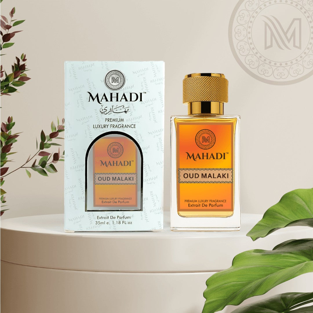 Mahadi Perfumes Oud Malaki Eau de Parfum, a luxurious oriental fragrance with oud, tobacco, and spices.
