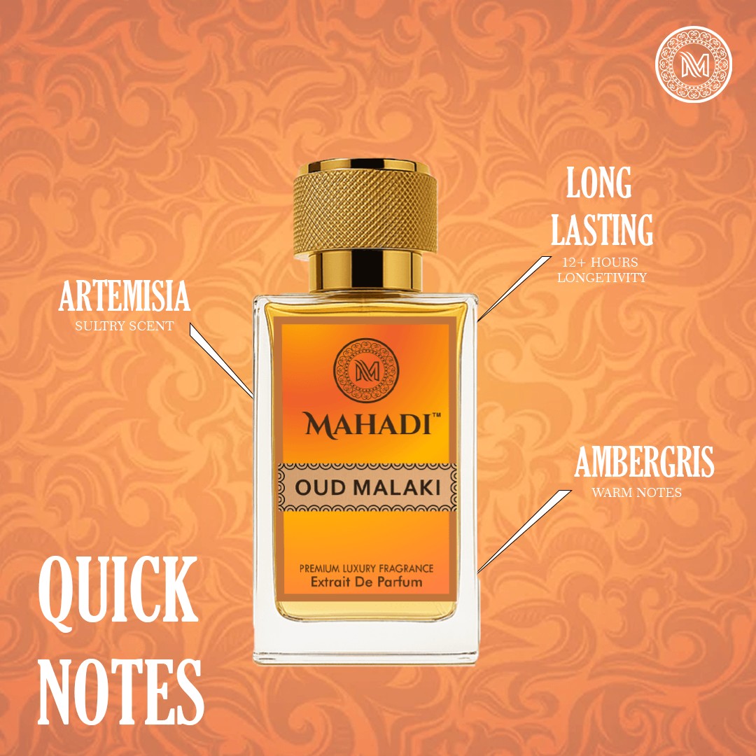 Mahadi Perfumes Oud Malaki Eau de Parfum bottle with gold cap, featuring notes of oud, ambergris, and artemisia.