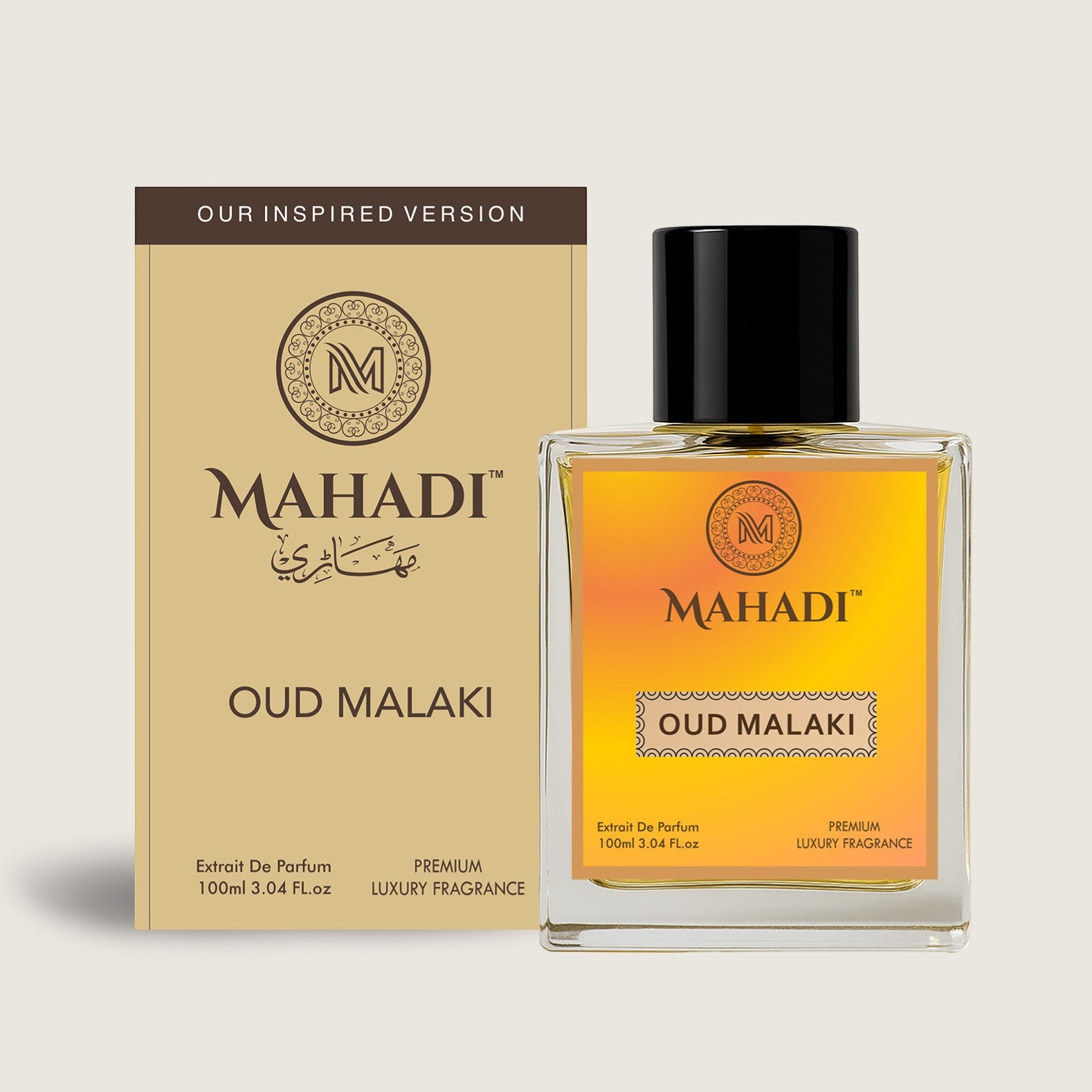 Mahadi Perfumes Oud Malaki Eau de Parfum, a luxurious oriental fragrance with oud, tobacco, and spices.