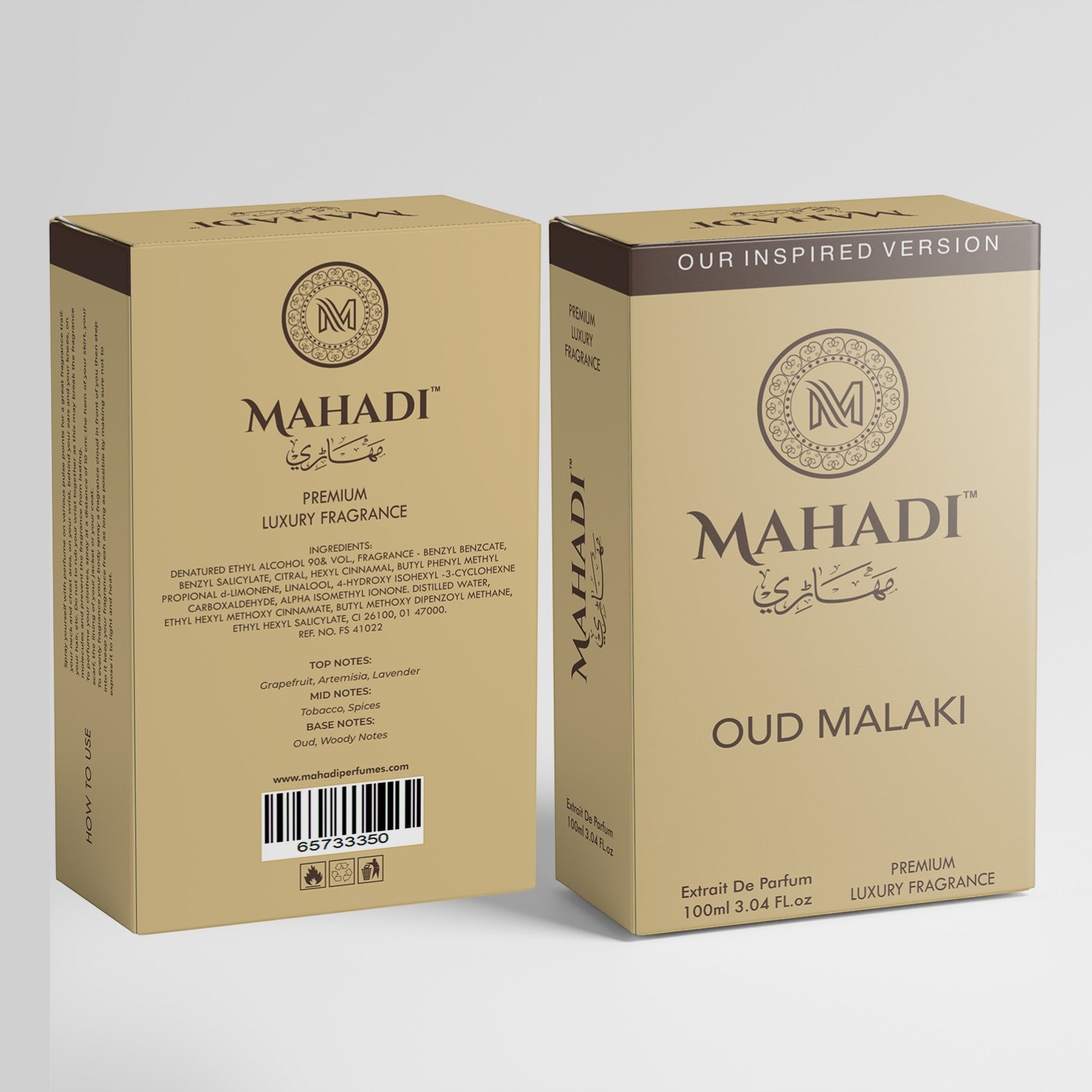 Mahadi Perfumes Oud Malaki premium luxury fragrance, an Eau de Parfum with oud, tobacco, spices, grapefruit, artemisia, and lavender notes.
