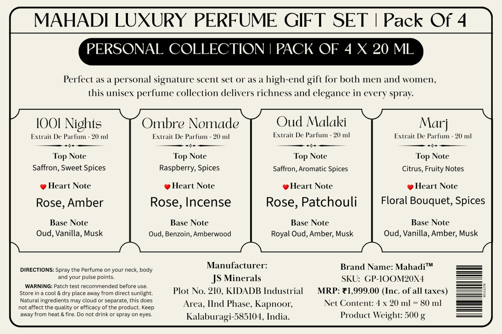 Luxury Perfume Gift Set | Pack Of 4 |1001 Nights|Ombre Nomade|Oud Malaki| Marj- 4 x 20ml